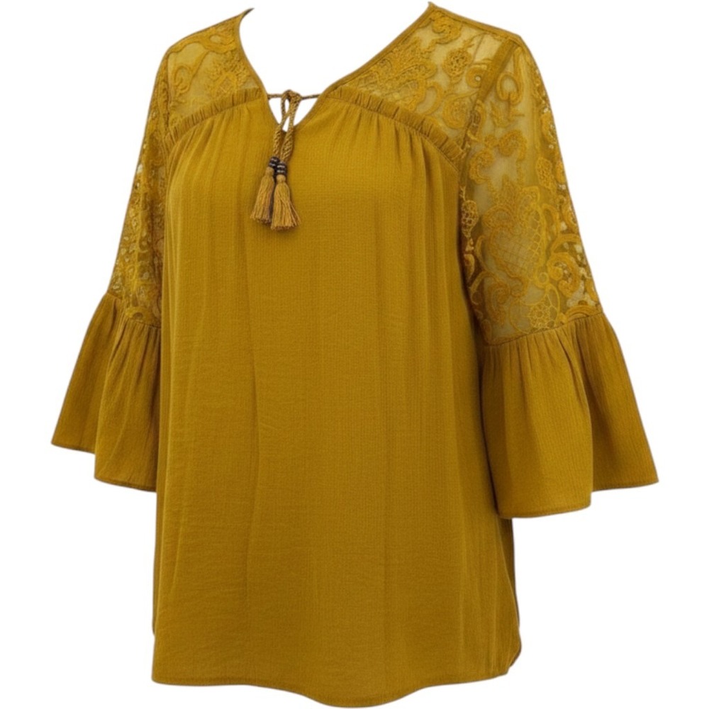 Cato Mustard Yellow Lace Bell Sleeve Boho Blouse Tassel Tie Top Soft Plus 18/20W